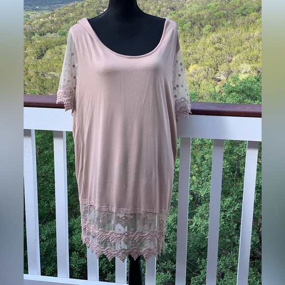 Kaktus Tan Tunic Top Sheer Lace Trim - Picture 1 of 7